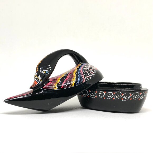 Black Lacquered Wood Trinket Box Black Swan Bird Duck hand painted Thailand - Picture 8 of 14